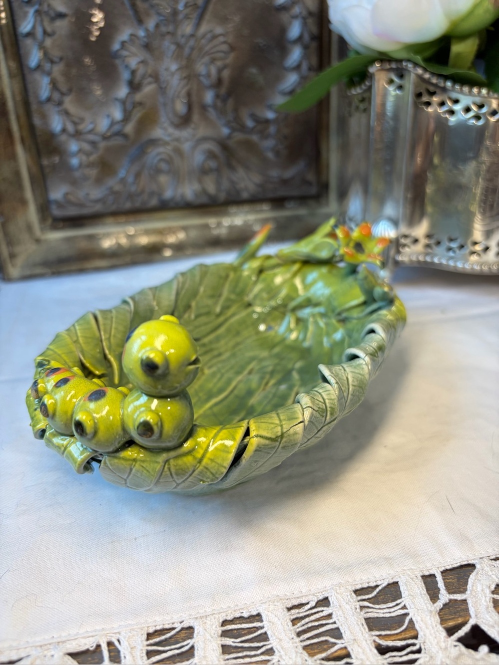 Green leaves flower & caterpillar handcrafted pottery dish